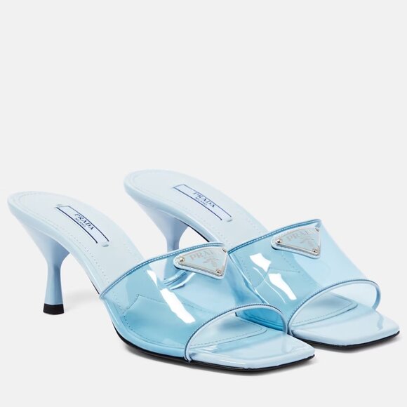 PRADA Signature Triangle Logo PVC Patent Mule Sandal Heels Slides Shoes $1070 - Picture 1 of 16